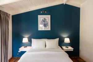 格兰德海滩瑞普杰克酒店的一间卧室设有蓝色墙壁、一张床和两盏灯。