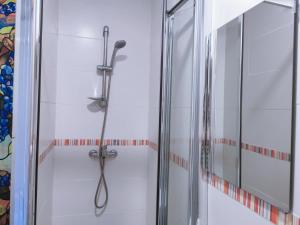 巴达洛纳Barcelona CoronaHostal的带淋浴的浴室,带玻璃门