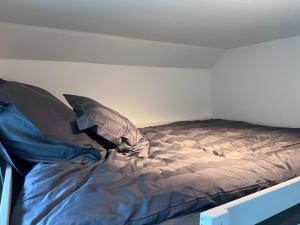 奥斯陆Cozy room with smart solutions Grunerløkka Central的一张床上有两个枕头的房间