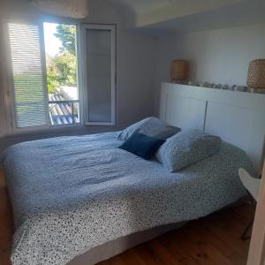 圣吉勒达德吕伊Appartement indépendant的一间卧室配有一张带蓝色棉被的床和窗户。