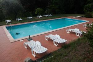 卢卡Bed and breakfast Villa Torre degli Onesti Apartments的游泳池周围设有躺椅和一组椅子