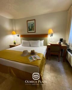 比亚埃尔莫萨Hotel Olmeca Plaza的配有一张床和一张书桌的酒店客房