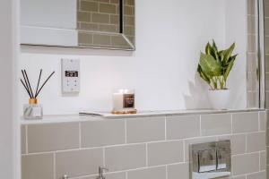 哈罗盖特Mayfield - Central Harrogate Apartment - Ground Floor的浴室设有水槽和植物架子