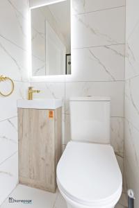 利马瓦迪Luxury Apartment - Roe Getaway Limavady的一间带卫生间、水槽和镜子的浴室