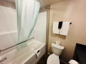 落基山庄Voyageur Motel的带浴缸、卫生间和淋浴的浴室。