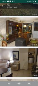 圣地亚哥Hostal Renca, Casa Hotel的客厅和厨房的两张照片