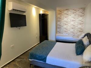 耶路撒冷Lago Suites Hotel的酒店客房设有两张床和一台平面电视。
