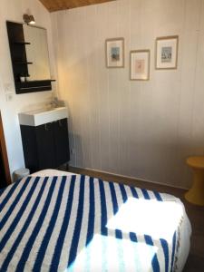 波尔尼谢Charming House In Pornichet Near The Beach的卧室配有蓝色和白色条纹床和水槽