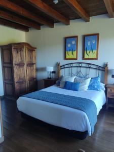 JaurrietaHotel Rural Irati的一间卧室配有一张带蓝色枕头的大床