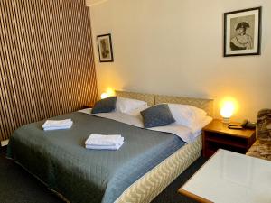 布尔诺A-奥斯特里茨酒店的酒店客房,配有带毛巾的床
