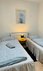 帕兹堡Padborg Hotel的客房设有两张床和一张带台灯的桌子。