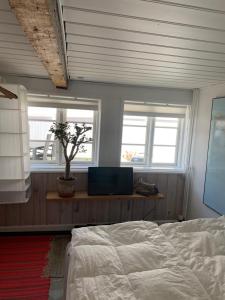 马斯塔尔Timberframe house near Marstal Harbour的一间卧室设有一张床和两个窗户。