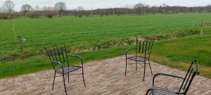 多尔恩Schaapskooi Sandenburg的两把椅子坐在带田野的砖砌庭院
