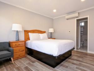 洛杉矶海洋公园旅馆的一间卧室配有一张大床和一把椅子