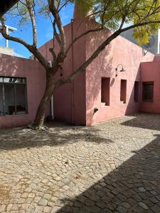 圣安东尼奥德阿雷科Hostel El Puesto的前面有棵树的粉红色建筑