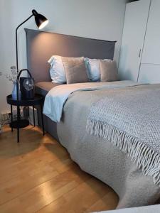 赫尔辛基Top-floor studio, near park & sea, great transit的一间卧室配有一张床和一张带台灯的桌子