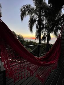 普腊亚罗萨La Roca House的吊床享有大海和棕榈树的景致