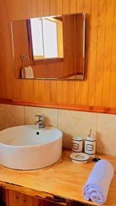 PueloLa Ruka Negra的浴室水槽、镜子和毛巾