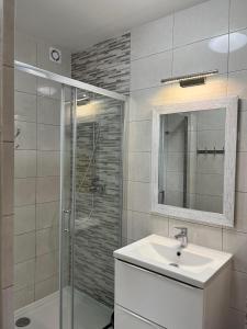 萨比诺瓦Domki Słoneczka的带淋浴、盥洗盆和镜子的浴室