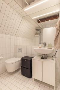哥本哈根Charming Loft City Center的白色的浴室设有水槽和卫生间。