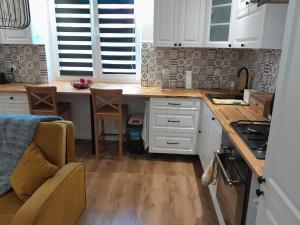 博古舒夫-戈尔采Apartament "Konie i anioły"的厨房配有白色橱柜和木制台面