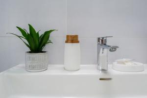 CastelsaracenoLeukòs Bed and Breakfast的白色水槽,上面有瓶子和植物