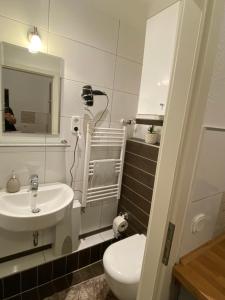 克雷费尔德Apartment mit Terrasse iP-TV Stellplatz的一间带水槽、卫生间和镜子的浴室