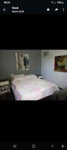 布希奥斯Suite Dupla em Búzios的卧室配有一张床,墙上挂有绘画作品