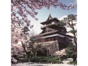 福井Centurion Hotel Villa Suite Fukui Ekimae - Vacation STAY 34640v的一座种植了樱花树的花园中间的宝塔