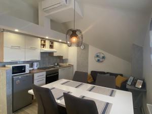 大戈里察Albert apartments Zagreb airport的厨房以及带桌椅的起居室。