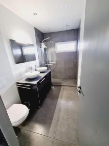 埃斯平霍GuestHouse dos Limites的浴室配有2个盥洗盆、卫生间和淋浴。