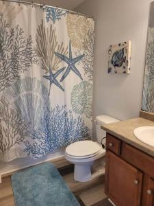 巴拿马城海滩McDrifty's Getaway的浴室设有淋浴帘、卫生间和水槽
