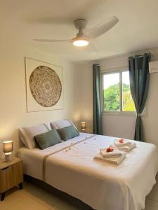 圣皮埃尔Villa Albizia 974 avec piscine et spa的卧室配有一张大白色床和窗户