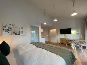 HasbergenModerne neue Apartments zum Wohlfühlen im Boardinghouse bed & butter的一间卧室配有一张床、一张桌子和一台电视。