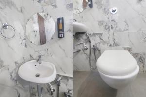 那格浦尔FabHotel Golden Mist的浴室的两张照片,配有卫生间和水槽