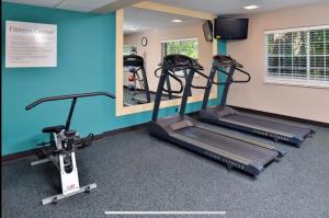 坦帕Red Roof Inn PLUS & Suites Tampa的健身房设有两台跑步机和镜子