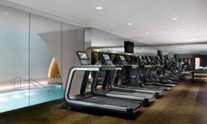 维也纳维也纳公园凯悦酒店的健身房,配有一排跑步机和镜子