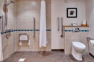 利物浦利物浦住桥套房酒店的带淋浴、卫生间和盥洗盆的浴室