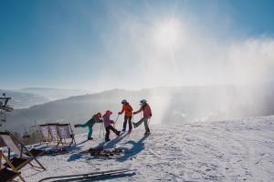 维斯瓦斯托克酒店的一群人站在雪覆盖的山顶上
