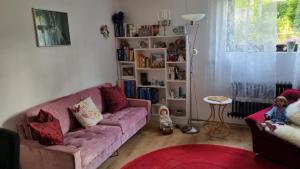 乌尔姆Ferienzimmer bei Thomas的客厅配有粉红色的沙发和红色地毯。