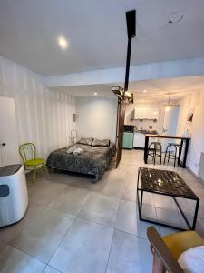 戈多伊克鲁斯Moderno Monoambiente con estacionamiento的卧室配有一张床和一张桌子