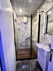 安塔利亚Yakamoz Apart Otel的带淋浴和盥洗盆的浴室