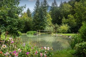 托讷La Ferme du Cortet - OVO Network的花园中的池塘,里面设有长凳