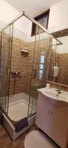 马斯林尼察Apartmani Nata的带淋浴、卫生间和盥洗盆的浴室