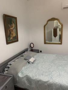萨罗尼扎Παραθαλάσσιο στούντιο με κήπο的卧室配有一张壁挂镜子的床