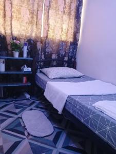 阿布扎比Single Room Near "World Trade Centre&Beach" Abudhabi的一间卧室设有两张床,楼梯设有地毯。