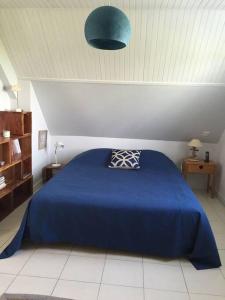 班戈Maison "Ker Galinette " , Belle-Ile-En-Mer, Piscine chauffée et Jacuzzi的一间卧室配有蓝色的床和蓝色的毯子