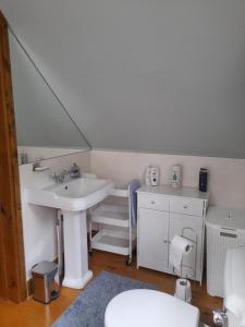斯托灵顿Pinecroft Barn - Relax & Unwind!的一间带水槽、卫生间和镜子的浴室
