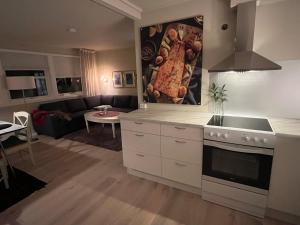 KvaløyaLena Apartment Tromsø的一间带白色橱柜的厨房和一间客厅