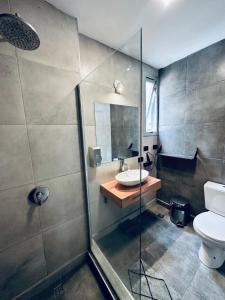 门多萨大猩猩旅舍的带淋浴、卫生间和盥洗盆的浴室